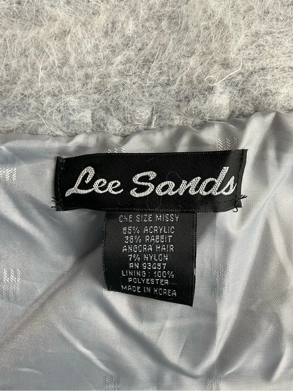 Vintage Lee Sands Angora Rabbit Hair Size OS Gray Sweater Coat Pearl Lace Trim